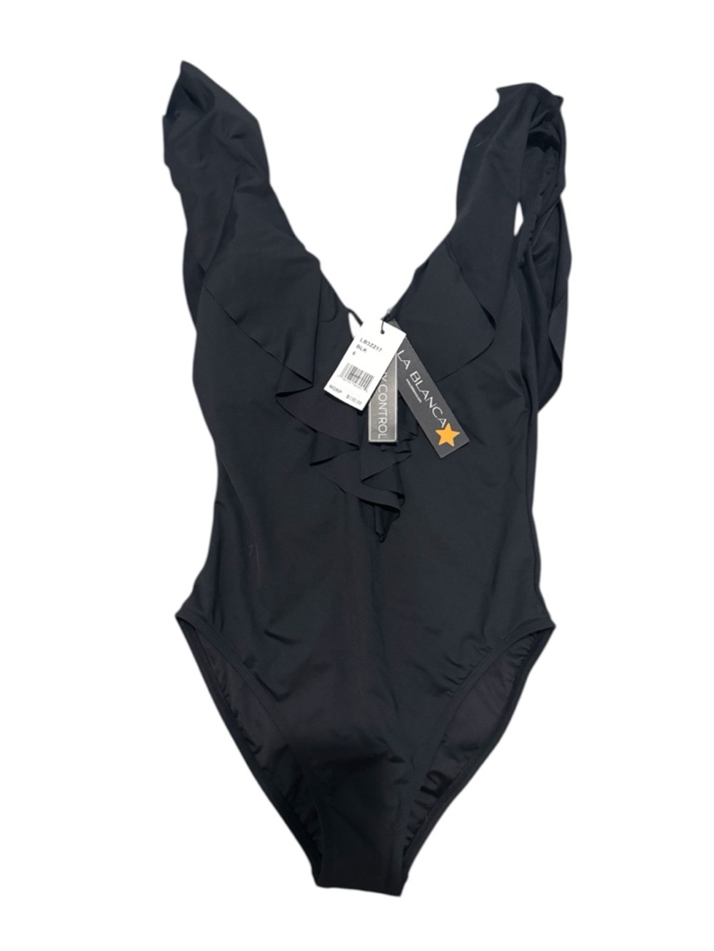 NWT La Blanca Black Ruffle-Front One-Piece Tummy Control Swimsuit | 6